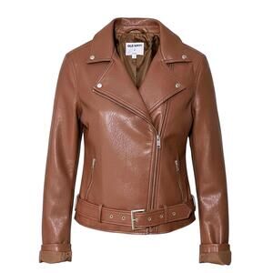 Old Navy Womens M Brown Asymmetrical ZipUp Moto Faux-Leather Belted Biker Jacket